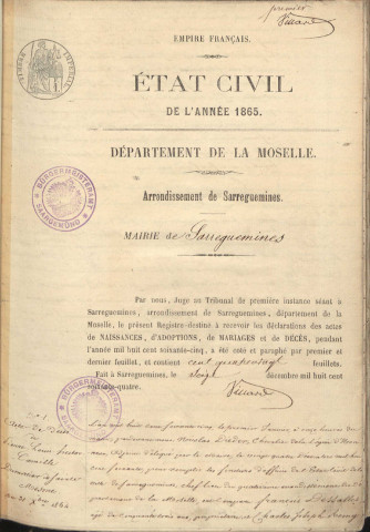 Registre d'État Civil 1865