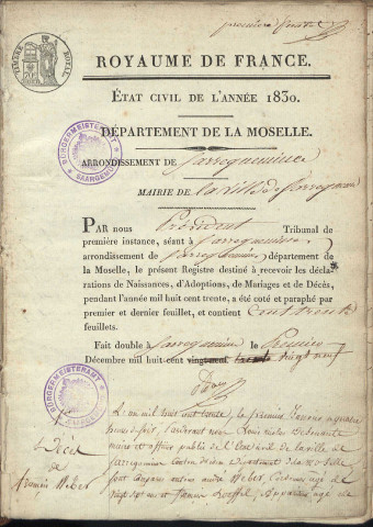 Registre d'État Civil 1830