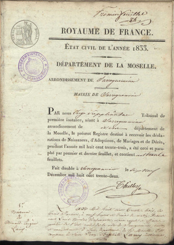 Registre d'État Civil 1833