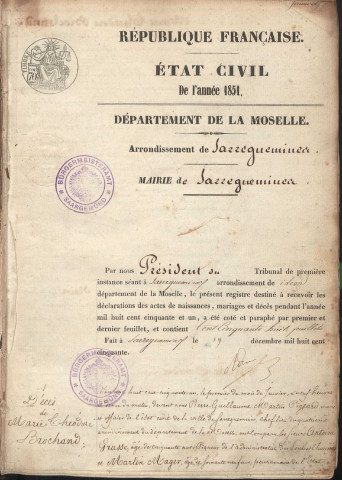 Registre d'État Civil 1851