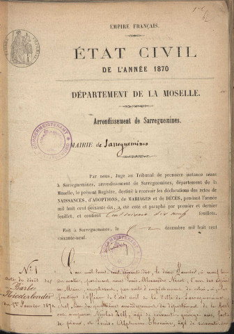Registre d'État Civil 1870
