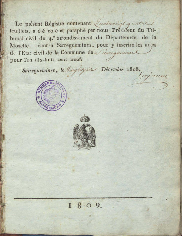 Registre d'État Civil 1809