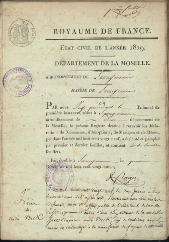 Registre d'État Civil 1829