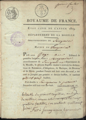 Registre d'État Civil 1819