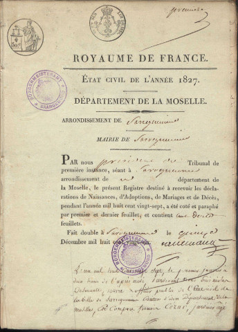 Registre d'État Civil 1827