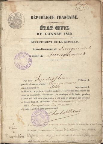 Registre d'État Civil 1850