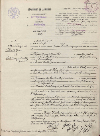 Registre des mariages 1936-1939
