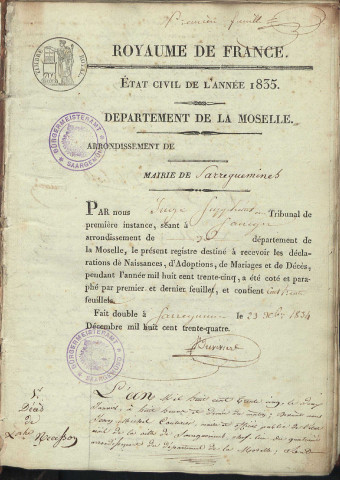 Registre d'État Civil 1835