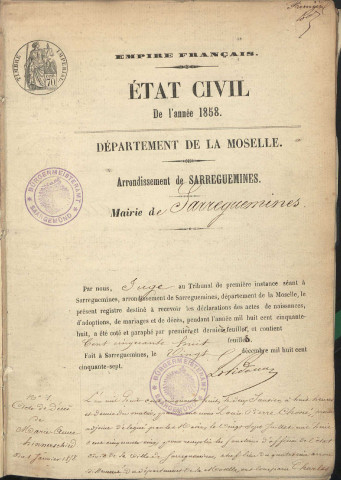 Registre d'État Civil 1858