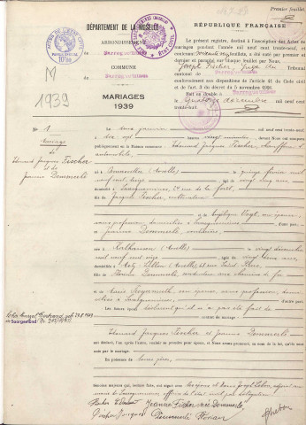 Registre des mariages 1939