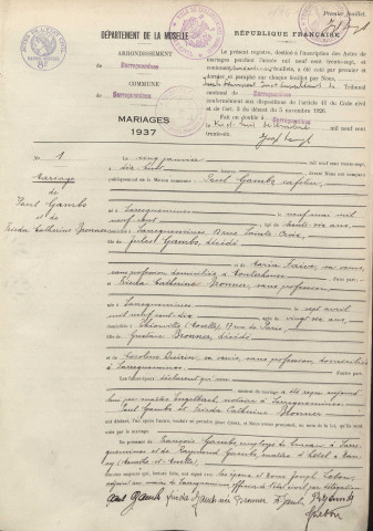 Registre des mariages 1937-1938