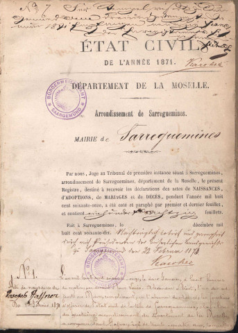 Registre d'État Civil 1871