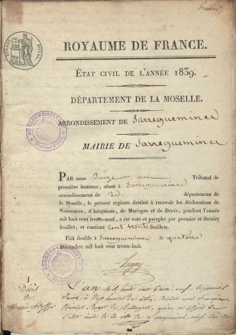 Registre d'État Civil 1839