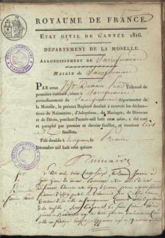 Registre d'État Civil 1816