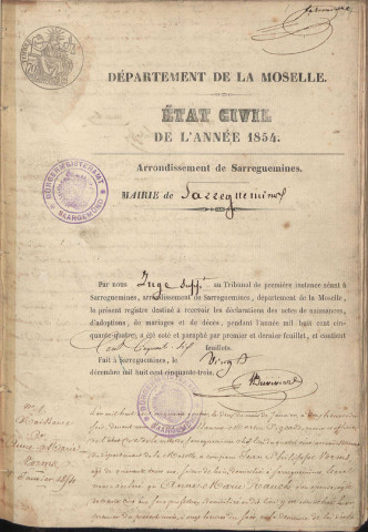 Registre d'État Civil 1854