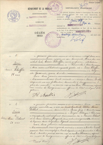 Registre des décès 1933-1934