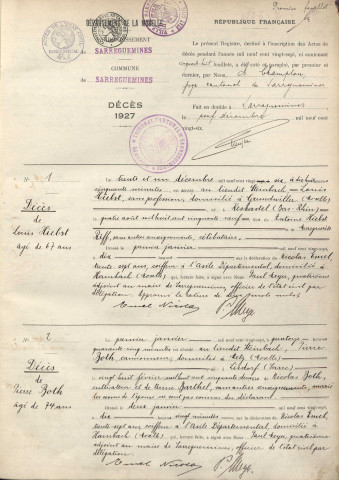 Registre des décès 1927-1928