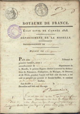 Registre d'État Civil 1818