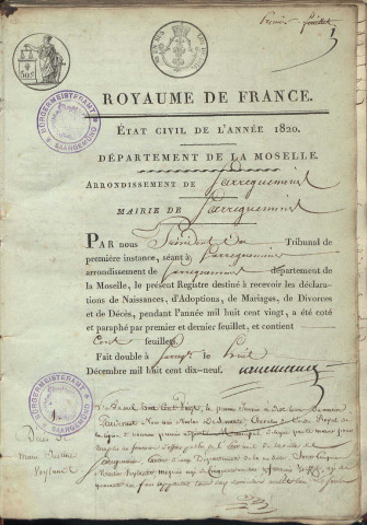 Registre d'État Civil 1820