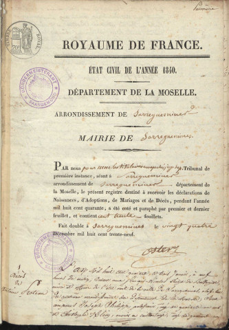 Registre d'État Civil 1840