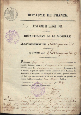 Registre d'État Civil 1843