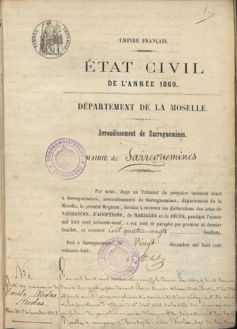 Registre d'État Civil 1869