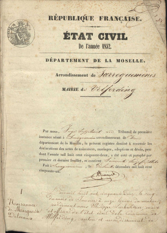 Registre d'État Civil 1852-1861
