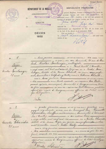 Registre des décès 1932