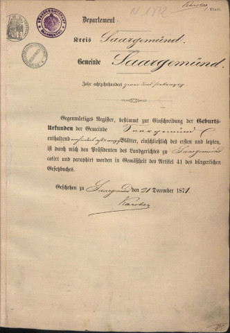 Registre des naissances 1872