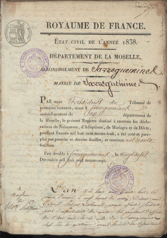 Registre d'État Civil 1838