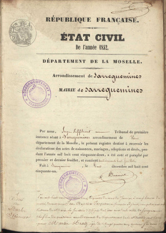 Registre d'État Civil 1852