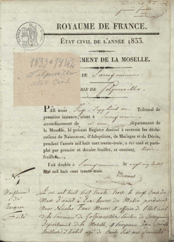Registre d'État Civil 1833-1842