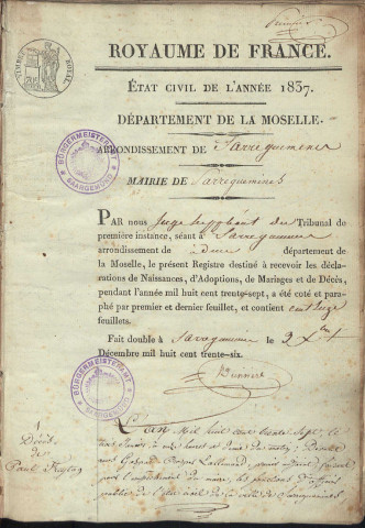 Registre d'État Civil 1837